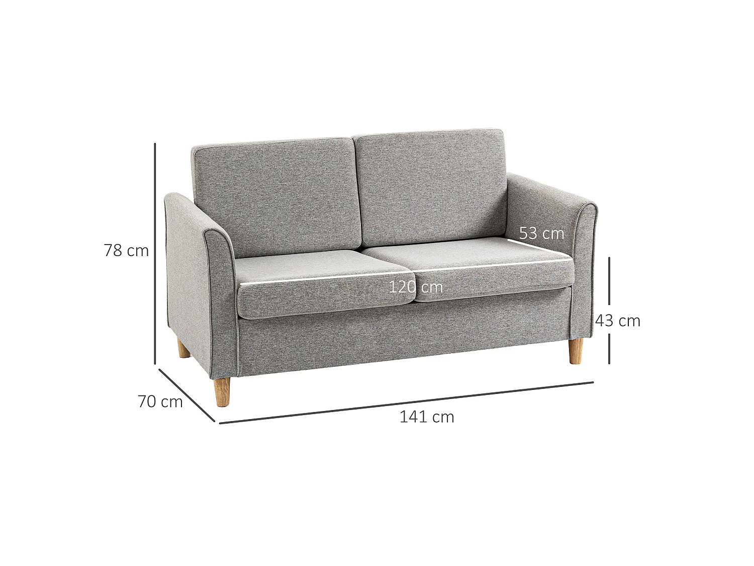 Lovina Light Grey 2 Seater Compact Sofa with Wooden Legs and Armrests