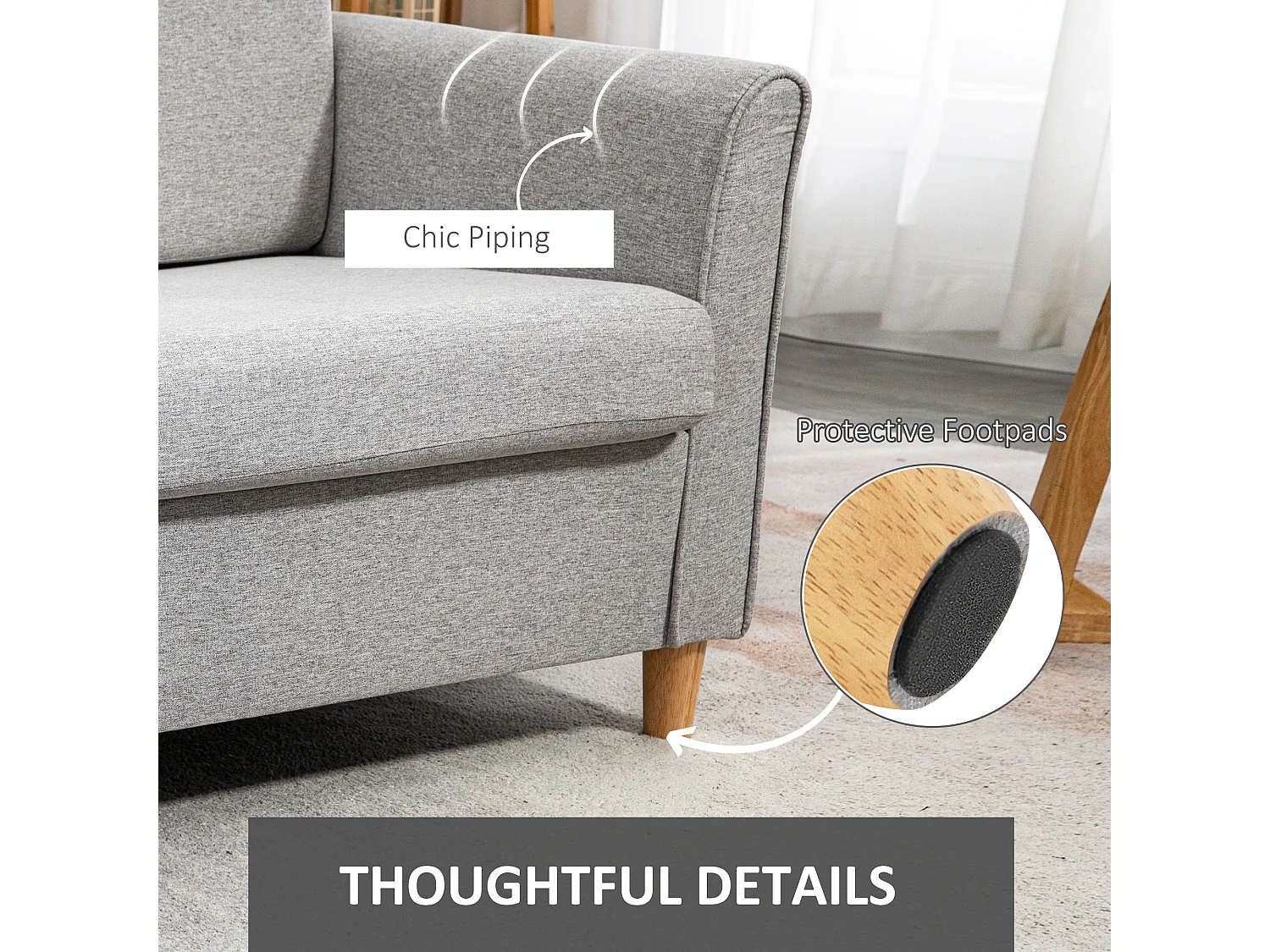 Lovina Light Grey 2 Seater Compact Sofa with Wooden Legs and Armrests