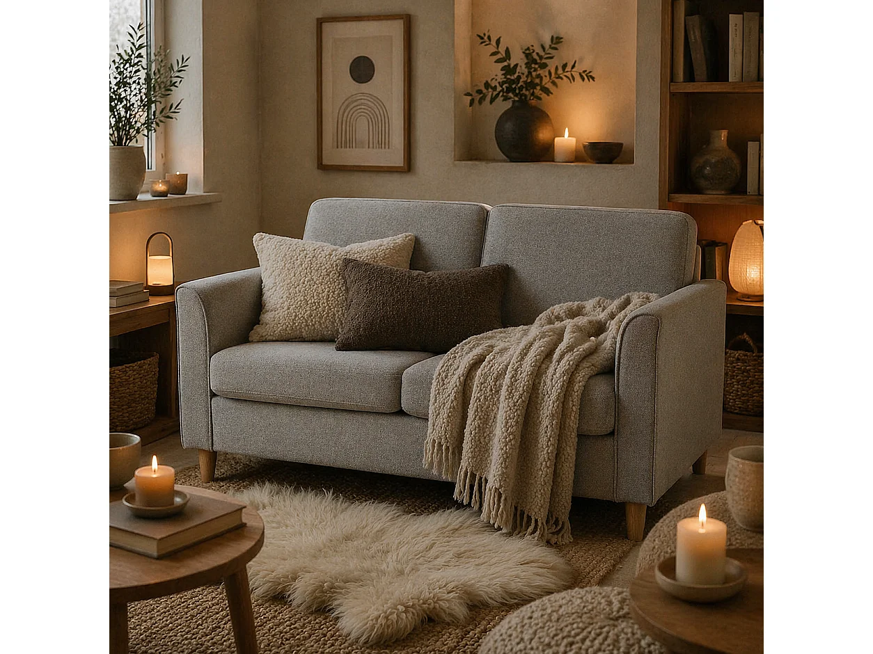 Lovina Light Grey 2 Seater Compact Sofa with Wooden Legs and Armrests