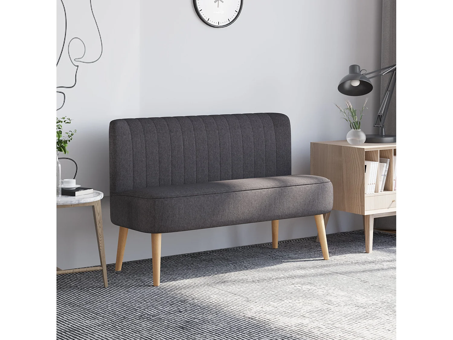 Kecoba Dark Grey Linen Look Compact 2 Seater Sofa Padded Seat Pocket Springs Wooden Legs
