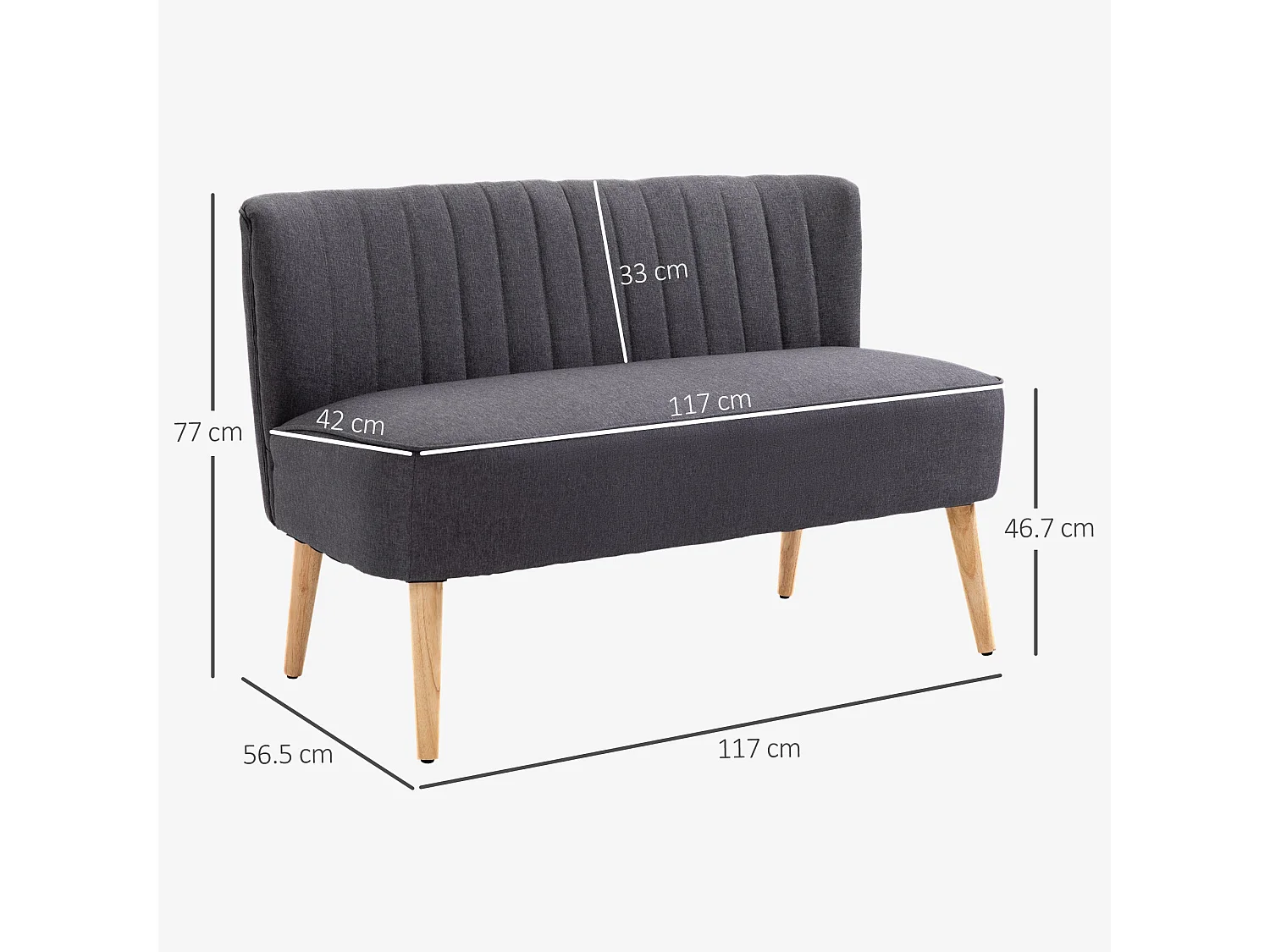 Kecoba Dark Grey Linen Look Compact 2 Seater Sofa Padded Seat Pocket Springs Wooden Legs