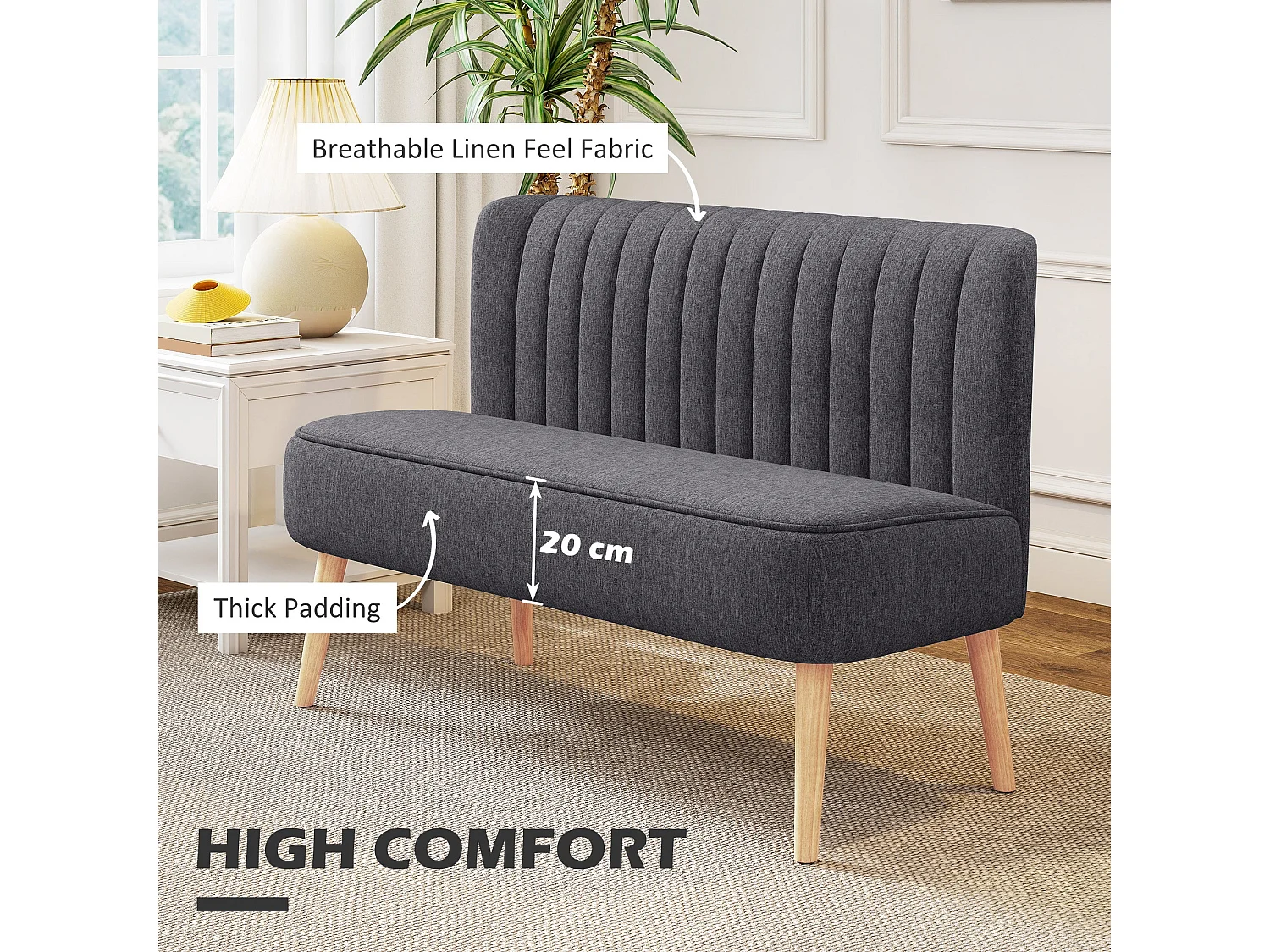 Kecoba Dark Grey Linen Look Compact 2 Seater Sofa Padded Seat Pocket Springs Wooden Legs