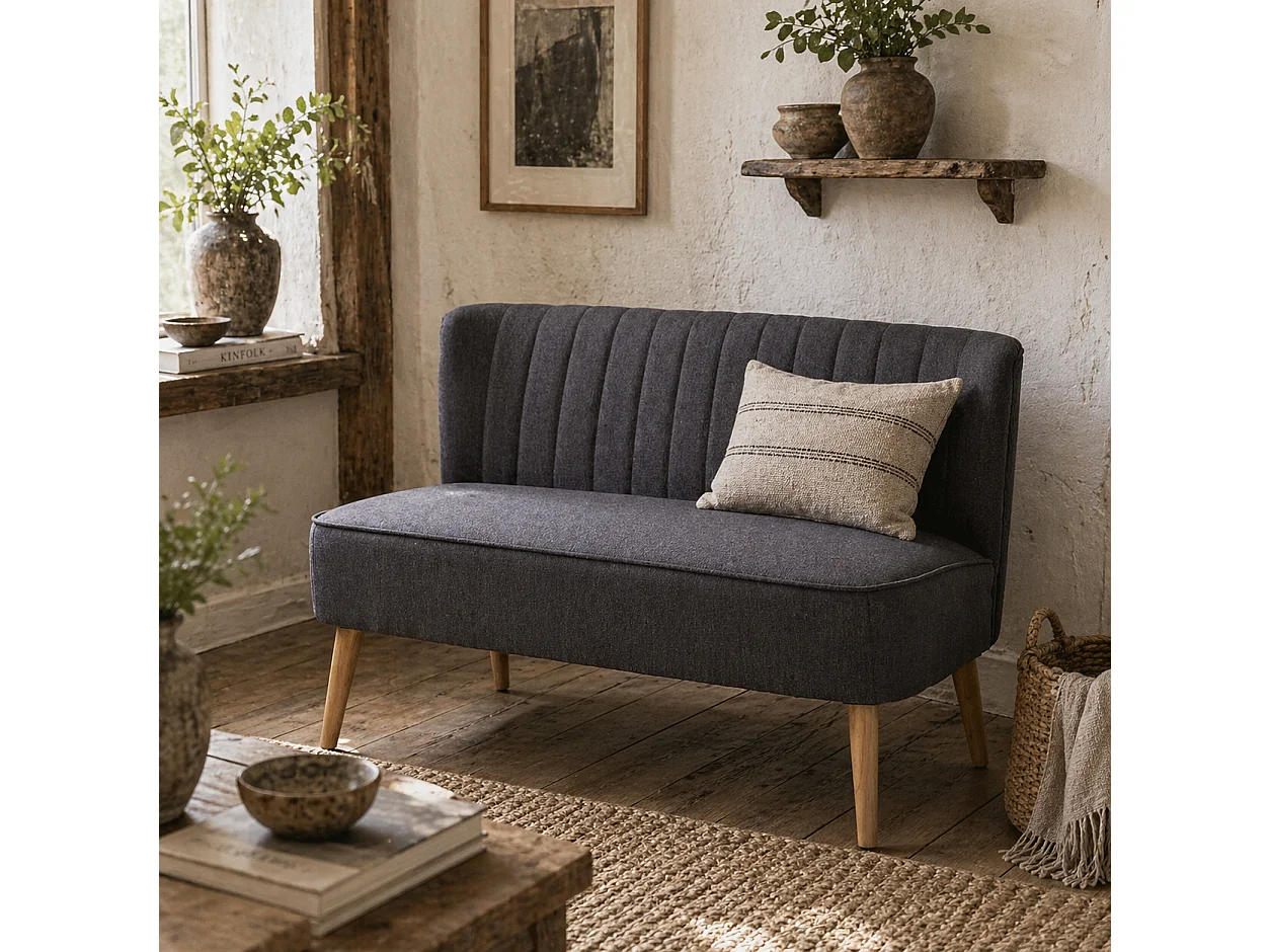 Kecoba Dark Grey Linen Look Compact 2 Seater Sofa Padded Seat Pocket Springs Wooden Legs