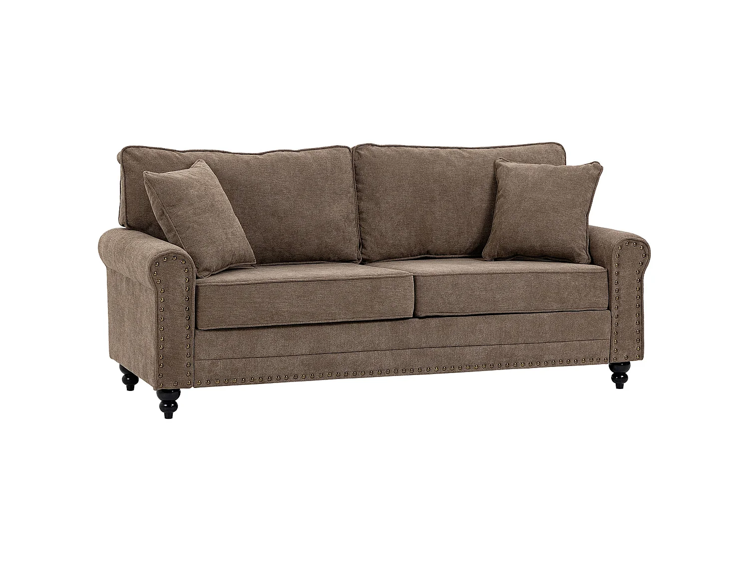 Soleka 3 Seater Fabric Sofa Brown Rubberwood Legs Nailhead Trim 2 Cushions