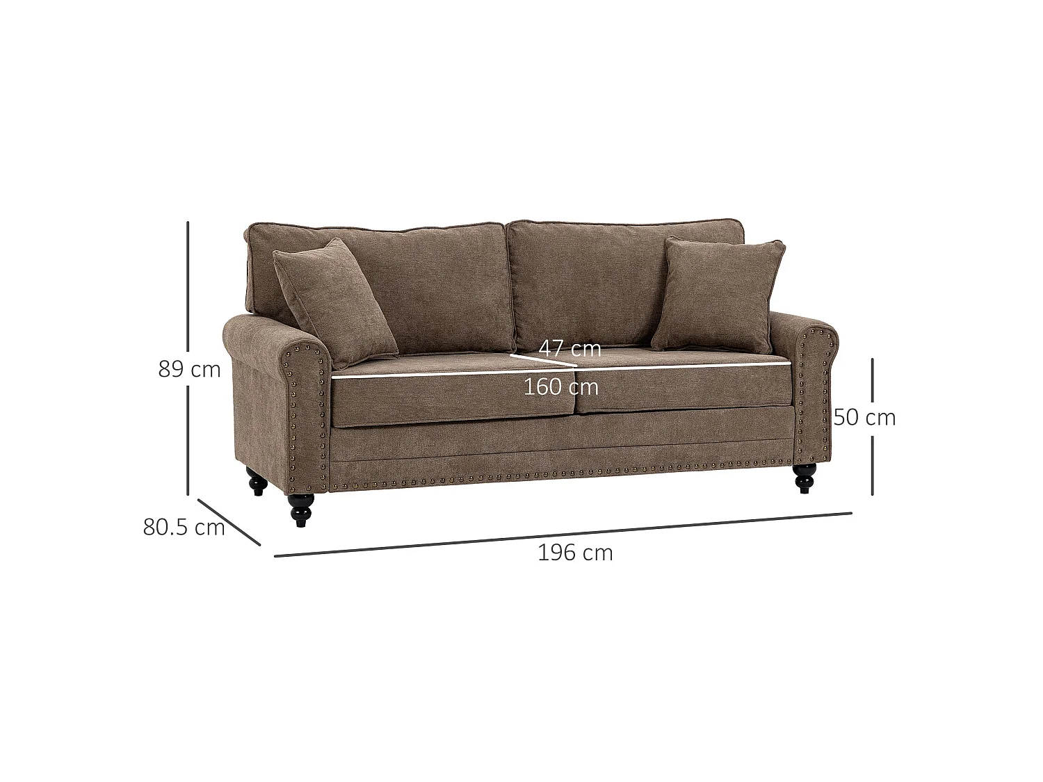 Soleka 3 Seater Fabric Sofa Brown Rubberwood Legs Nailhead Trim 2 Cushions