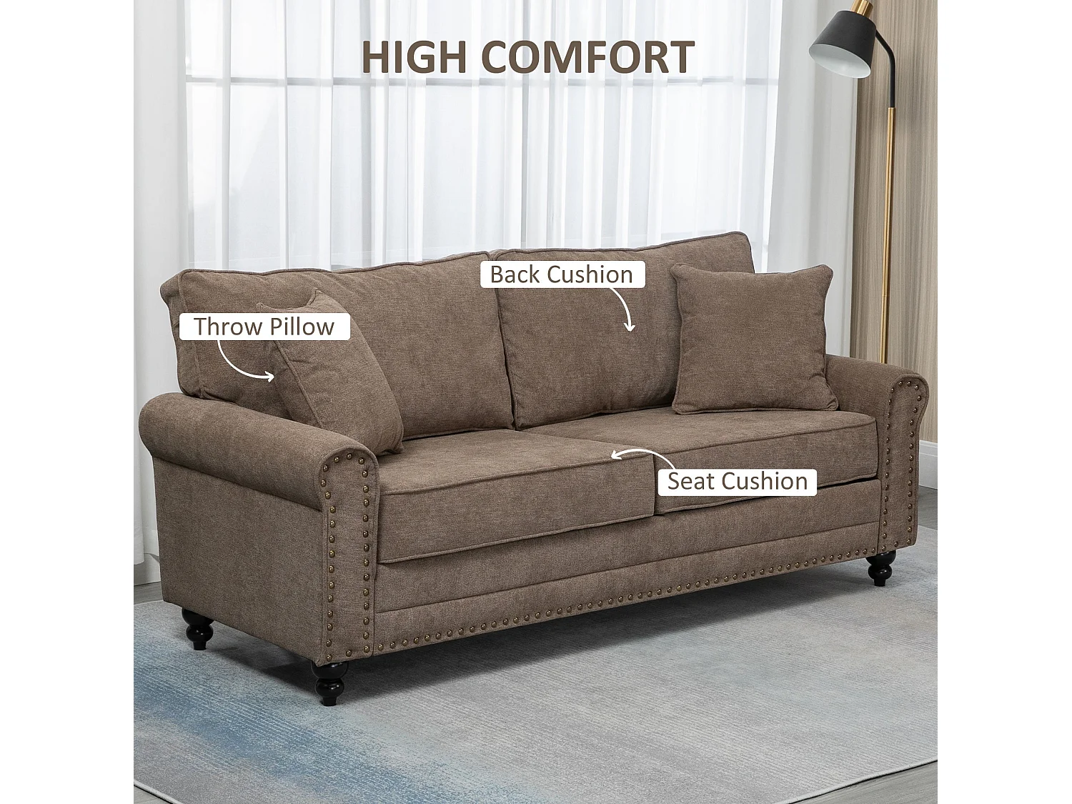 Soleka 3 Seater Fabric Sofa Brown Rubberwood Legs Nailhead Trim 2 Cushions