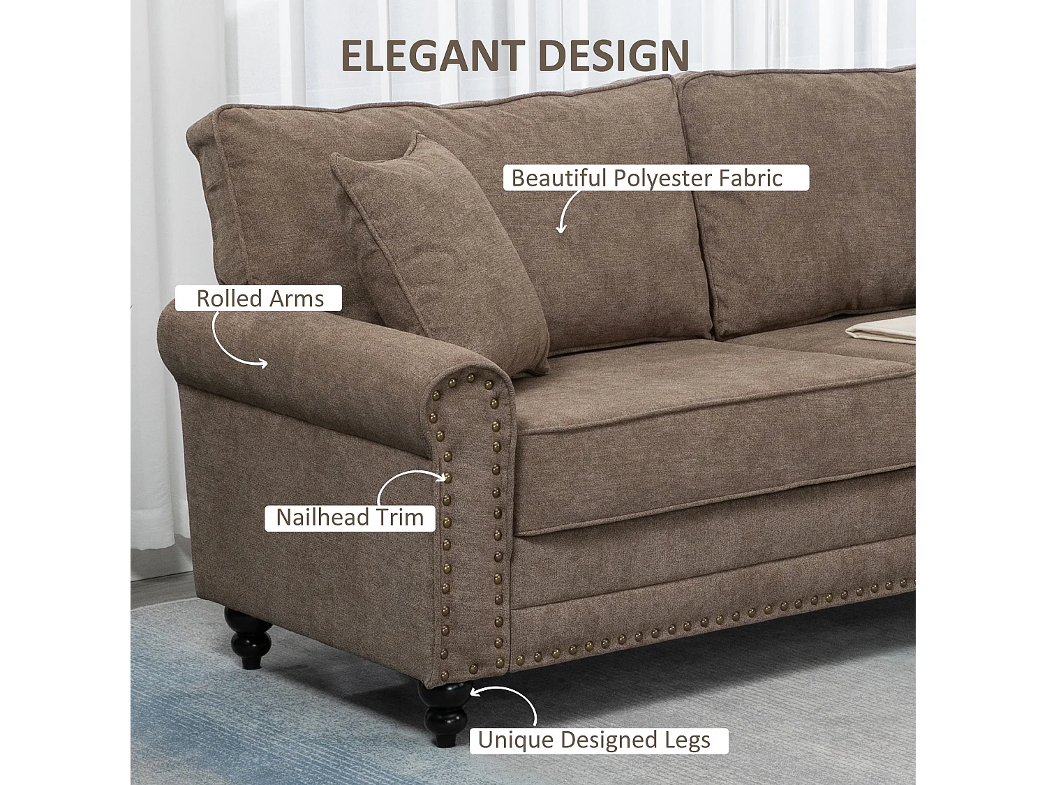 Soleka 3 Seater Fabric Sofa Brown Rubberwood Legs Nailhead Trim 2 Cushions