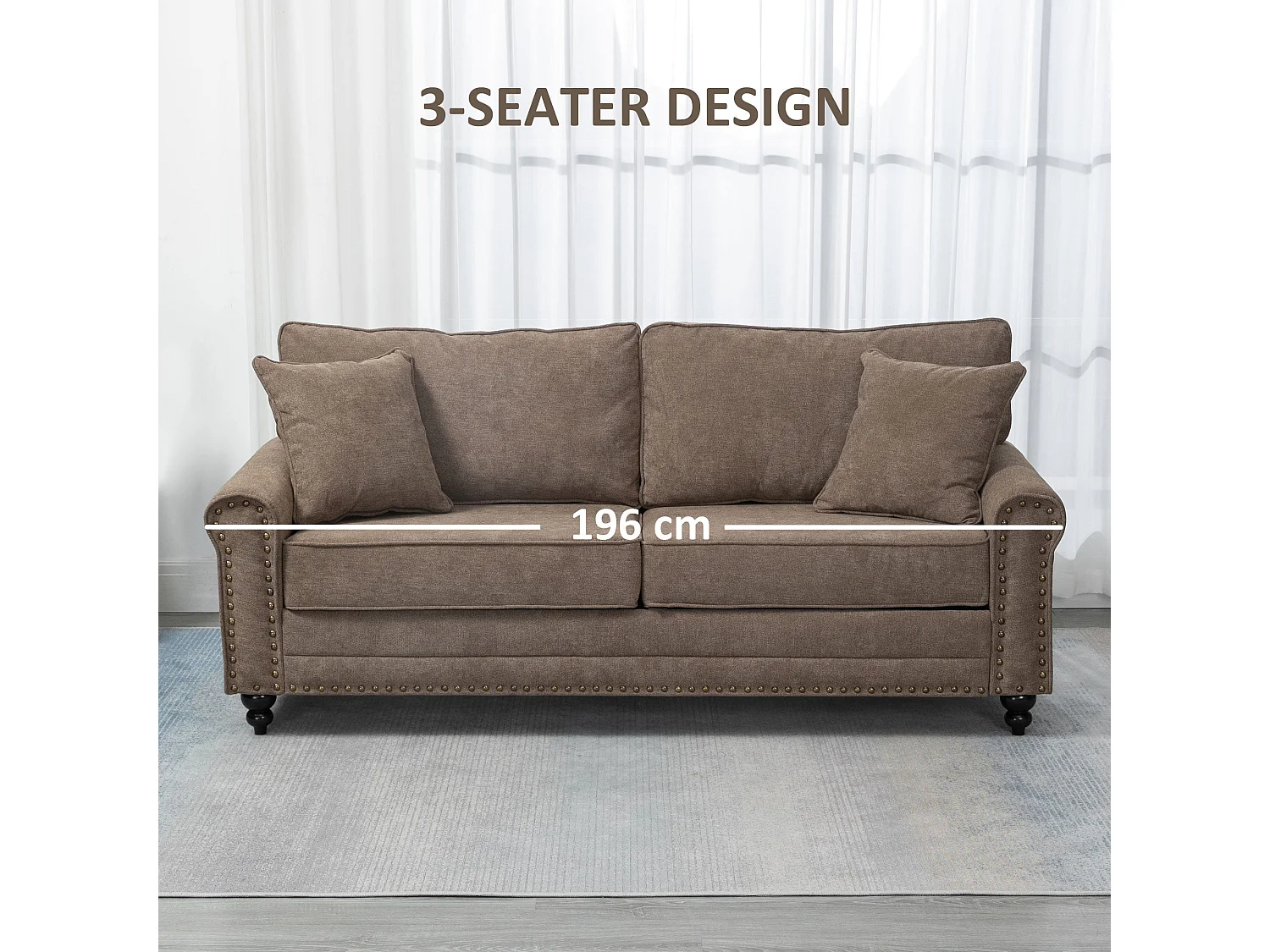 Soleka 3 Seater Fabric Sofa Brown Rubberwood Legs Nailhead Trim 2 Cushions