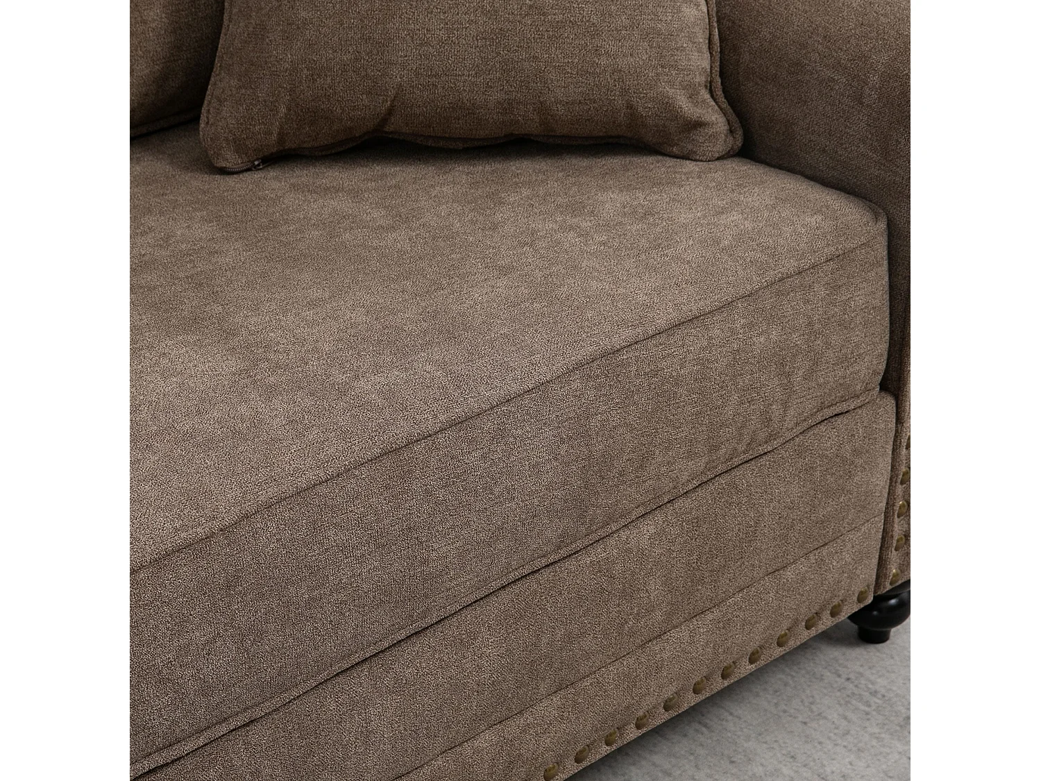 Soleka 3 Seater Fabric Sofa Brown Rubberwood Legs Nailhead Trim 2 Cushions