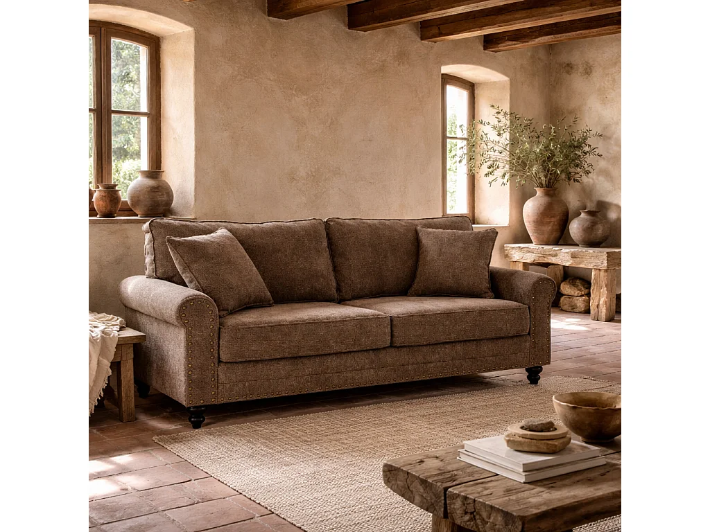 Soleka 3 Seater Fabric Sofa Brown Rubberwood Legs Nailhead Trim 2 Cushions