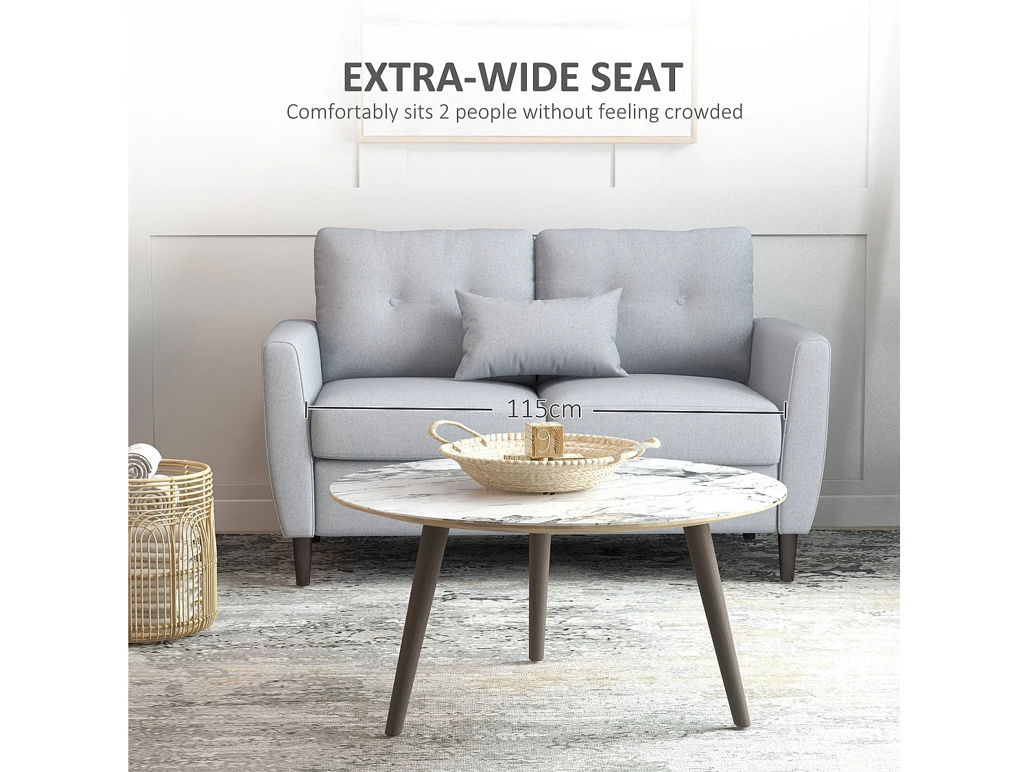 Kero Lora Light Grey 2 Seater Sofa Linen Fabric Spring Cushions Wooden Legs