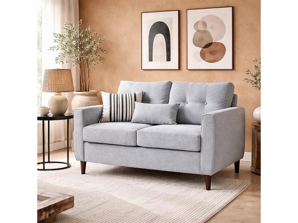 Kero Lora Light Grey 2 Seater Sofa Linen Fabric Spring Cushions Wooden Legs