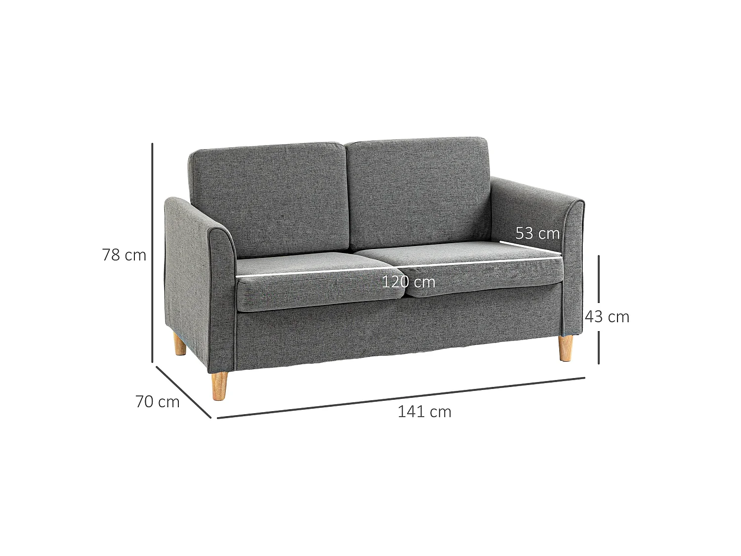 Loveka Grey 2 Seater Compact Sofa Linen Look Fabric Wooden Legs