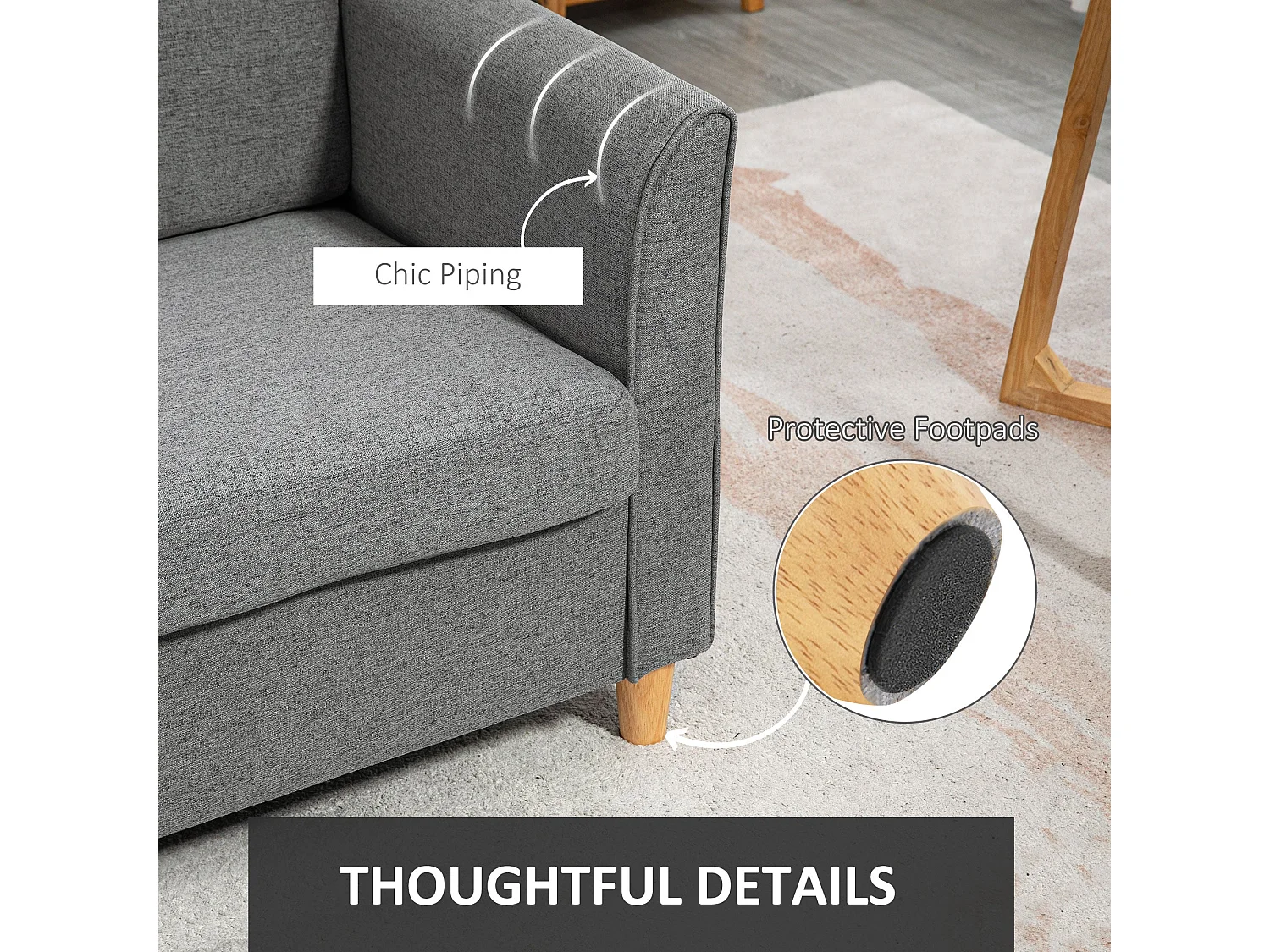 Loveka Grey 2 Seater Compact Sofa Linen Look Fabric Wooden Legs