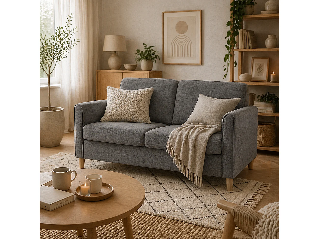 Loveka Grey 2 Seater Compact Sofa Linen Look Fabric Wooden Legs