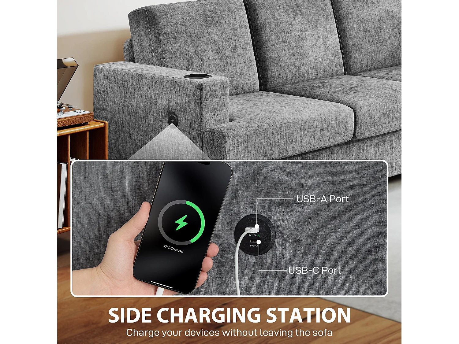 Sefa Grey 3 Seater Sofa with USB A and USB C Ports and Cup Holders