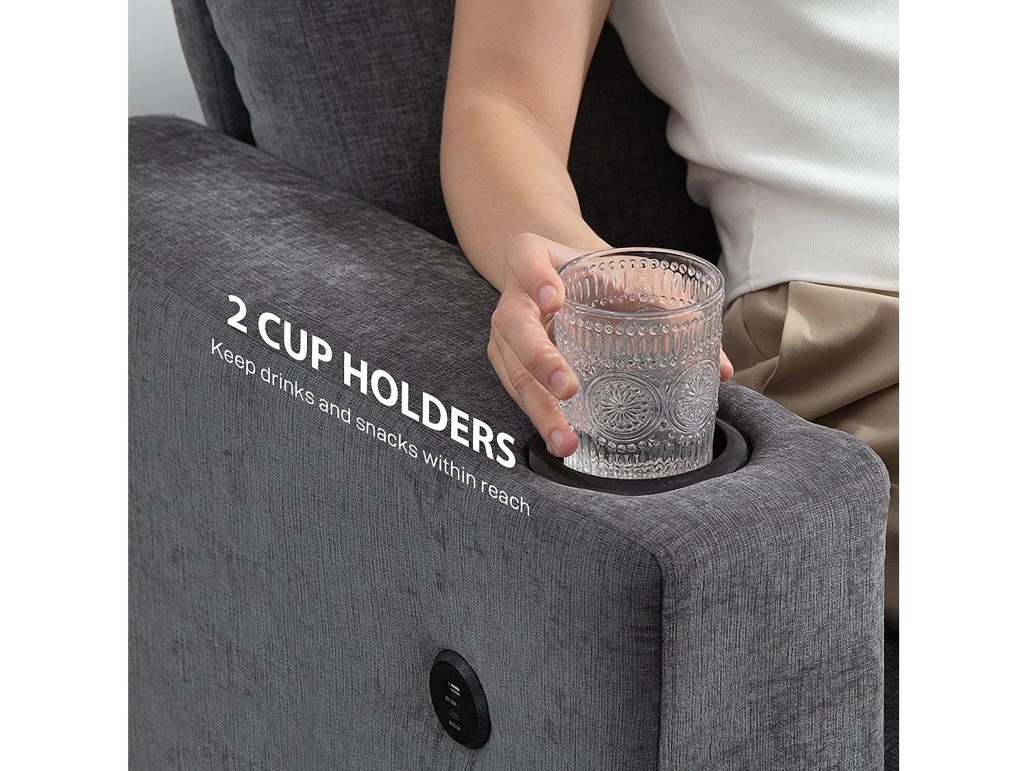 Sefa Grey 3 Seater Sofa with USB A and USB C Ports and Cup Holders