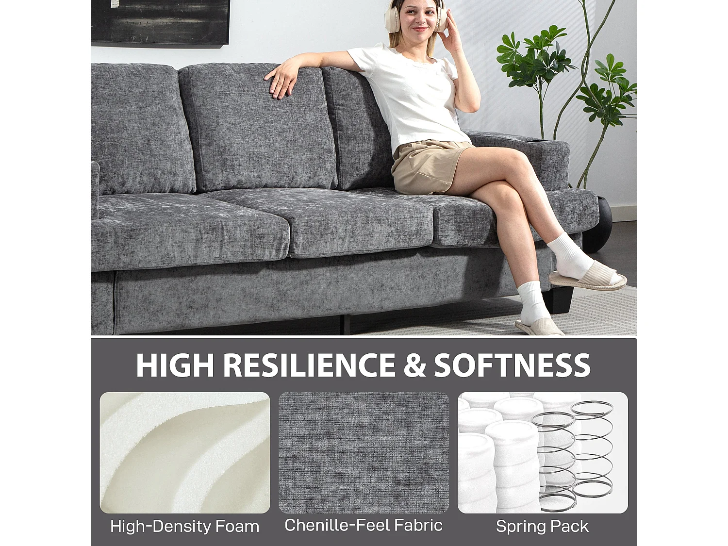 Sefa Grey 3 Seater Sofa with USB A and USB C Ports and Cup Holders