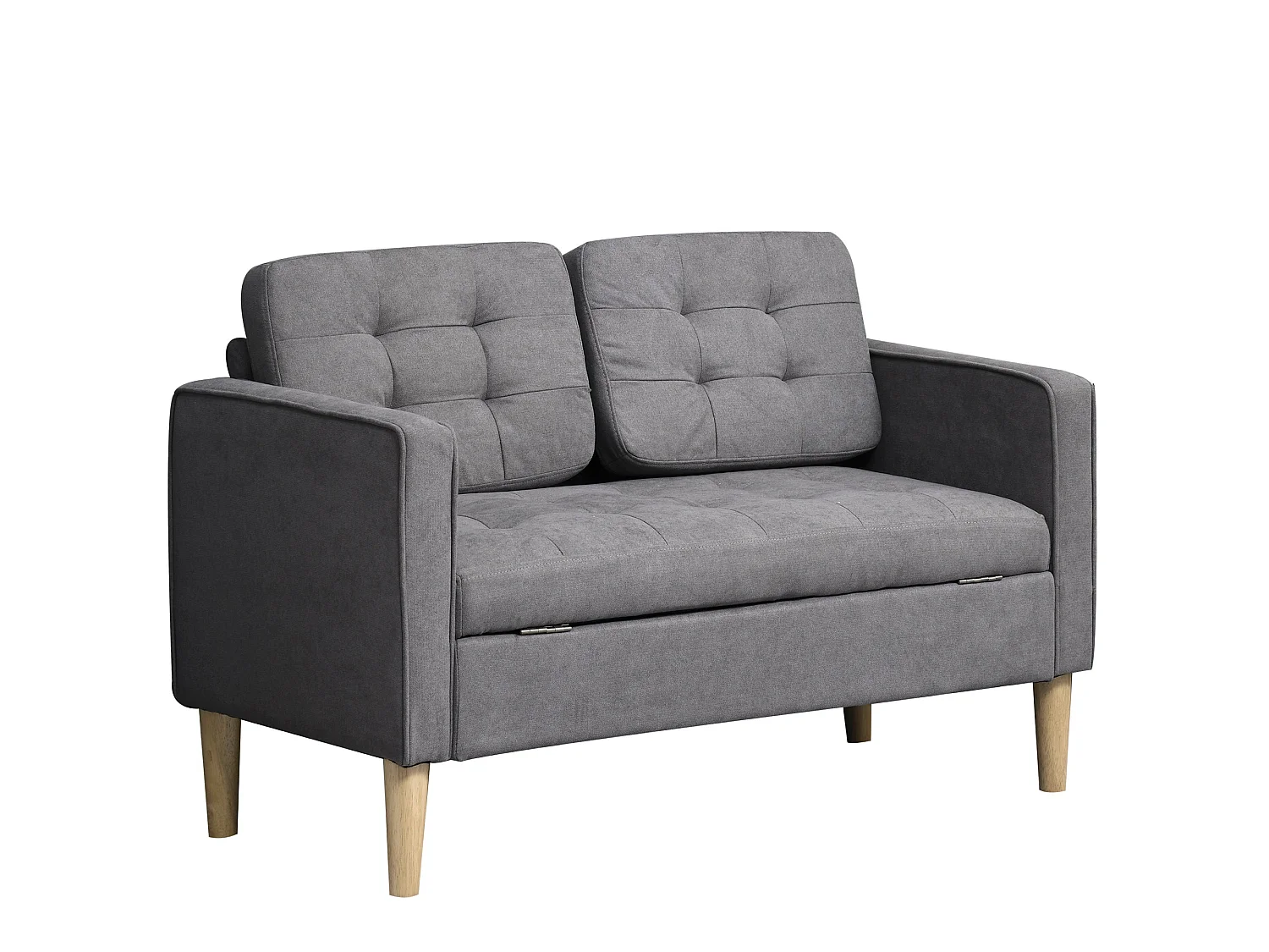 Labasu Grey 2 Seater Sofa with Hidden Storage Tufted Seat Wooden Legs