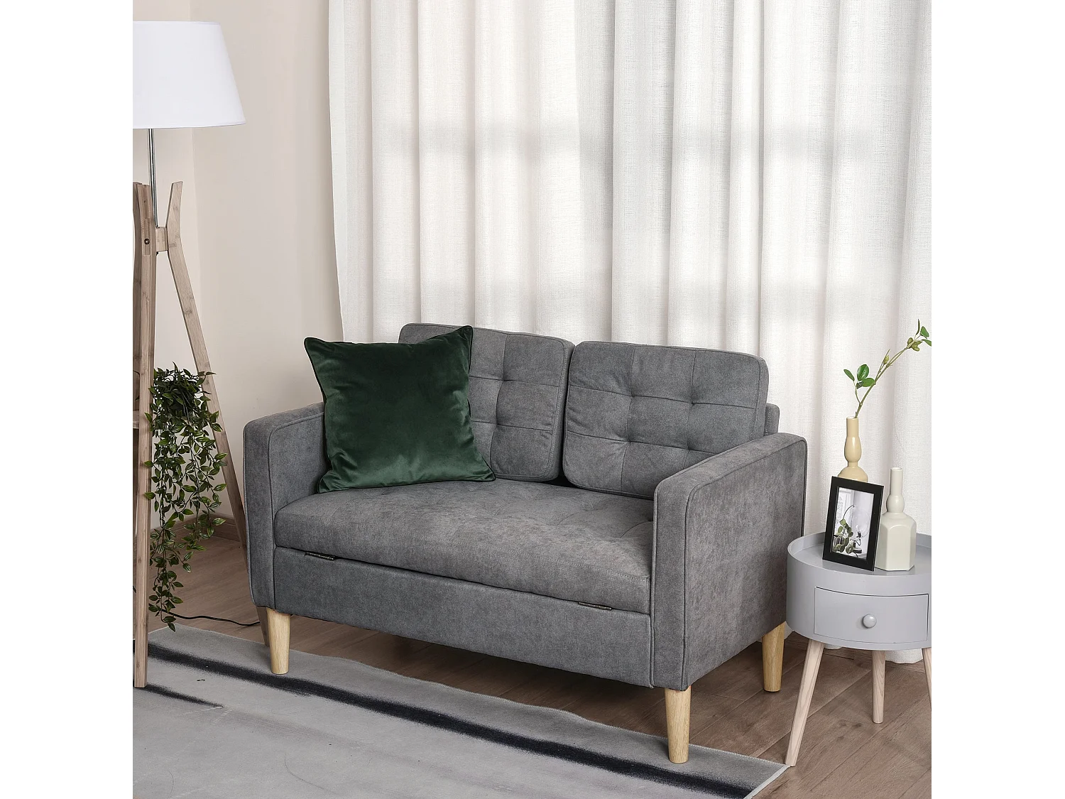 Labasu Grey 2 Seater Sofa with Hidden Storage Tufted Seat Wooden Legs