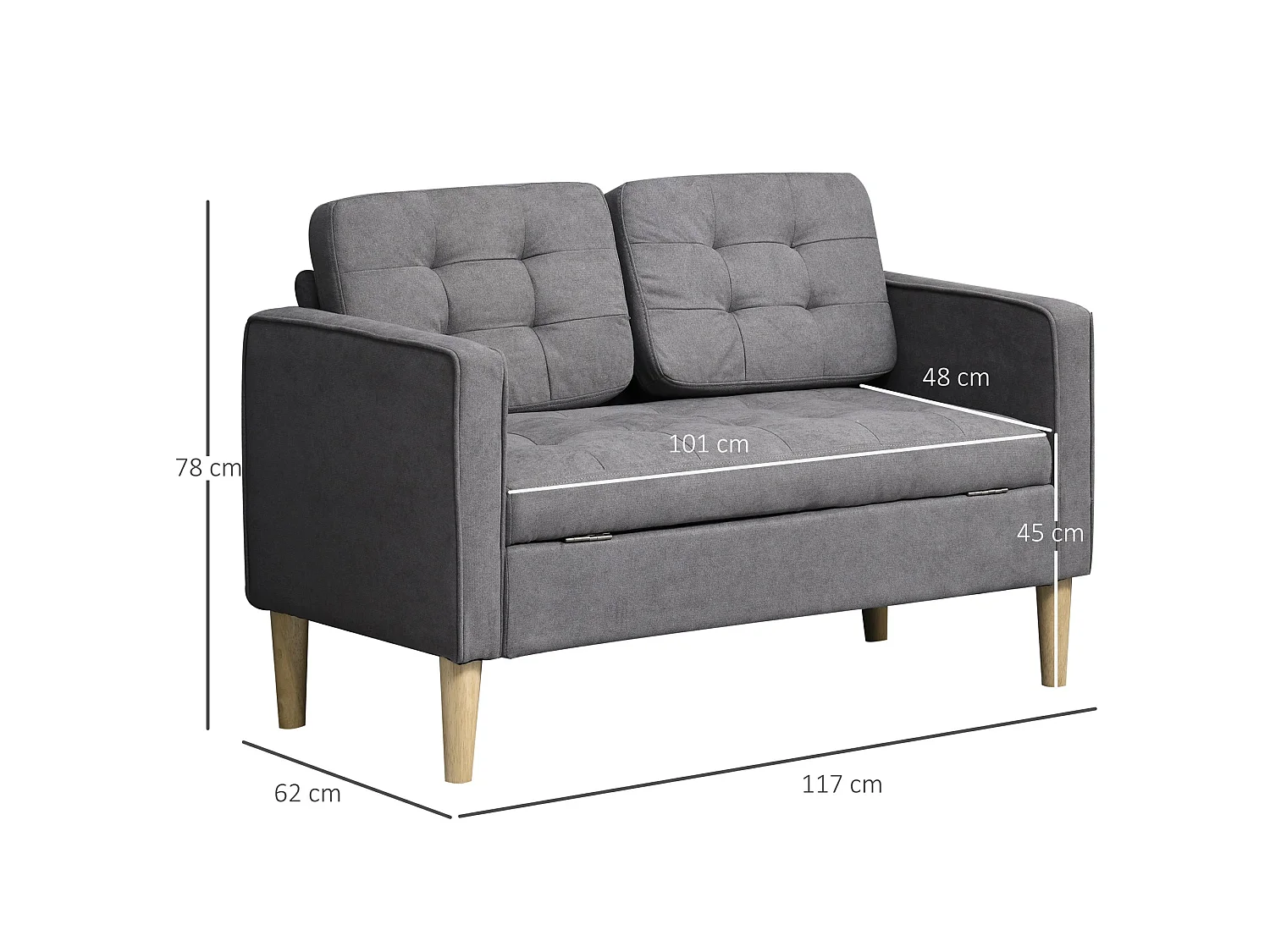Labasu Grey 2 Seater Sofa with Hidden Storage Tufted Seat Wooden Legs