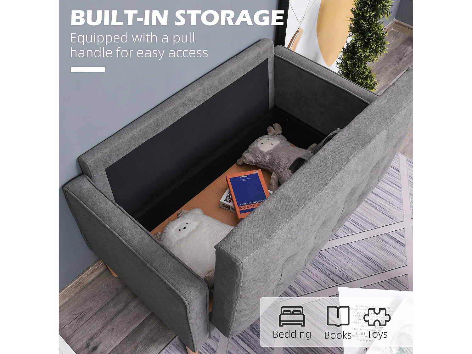 Labasu Grey 2 Seater Sofa with Hidden Storage Tufted Seat Wooden Legs
