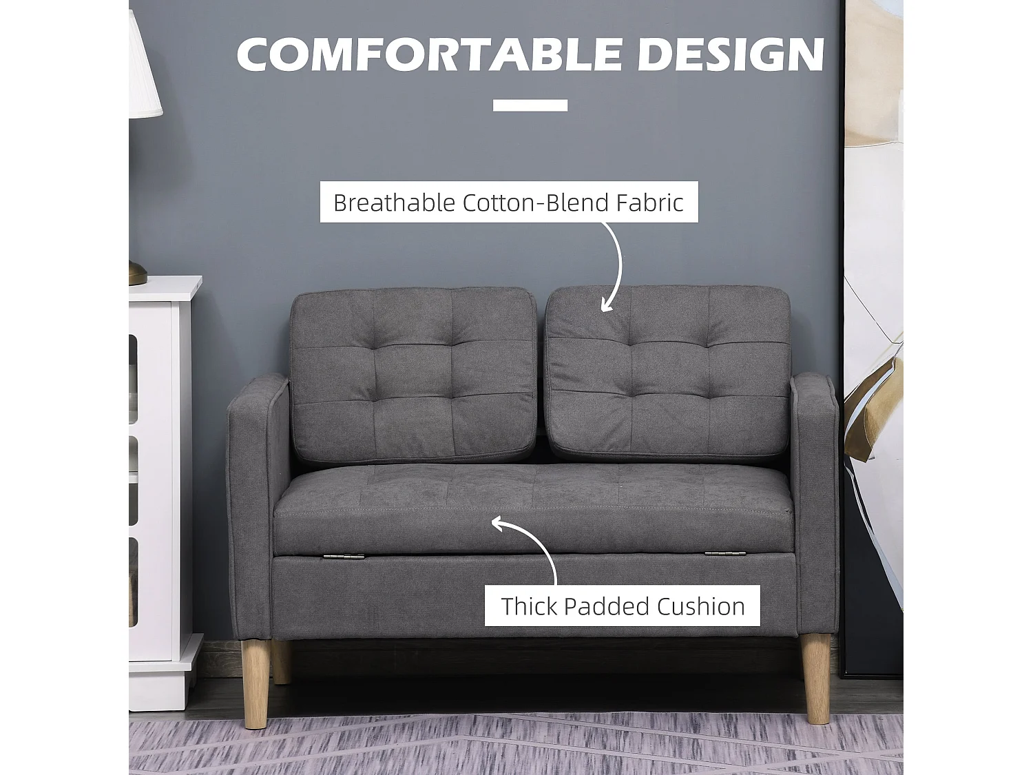 Labasu Grey 2 Seater Sofa with Hidden Storage Tufted Seat Wooden Legs