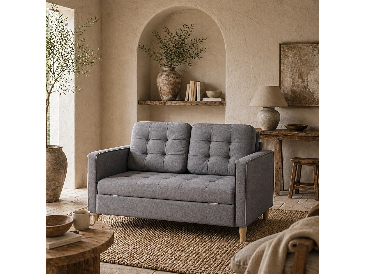Labasu Grey 2 Seater Sofa with Hidden Storage Tufted Seat Wooden Legs