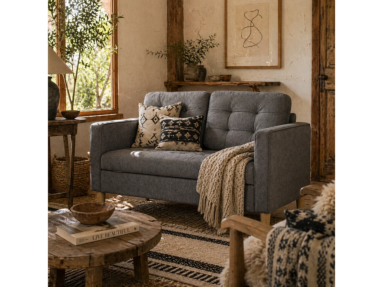 Labasu Grey 2 Seater Sofa with Hidden Storage Tufted Seat Wooden Legs
