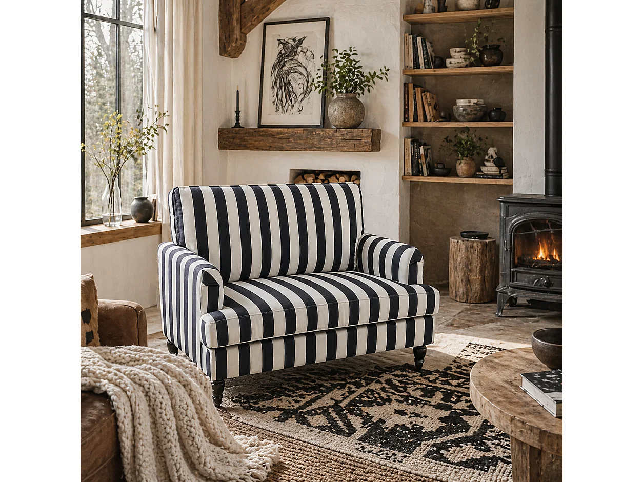 Yosefi Black and White Velvet Cuddle Chair Wide Seat Stripe Design