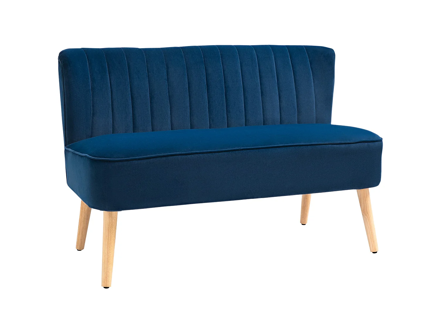Haleco Dark Blue Velvet Feel 2 Seater Sofa Tufted Back Natural Wooden Legs