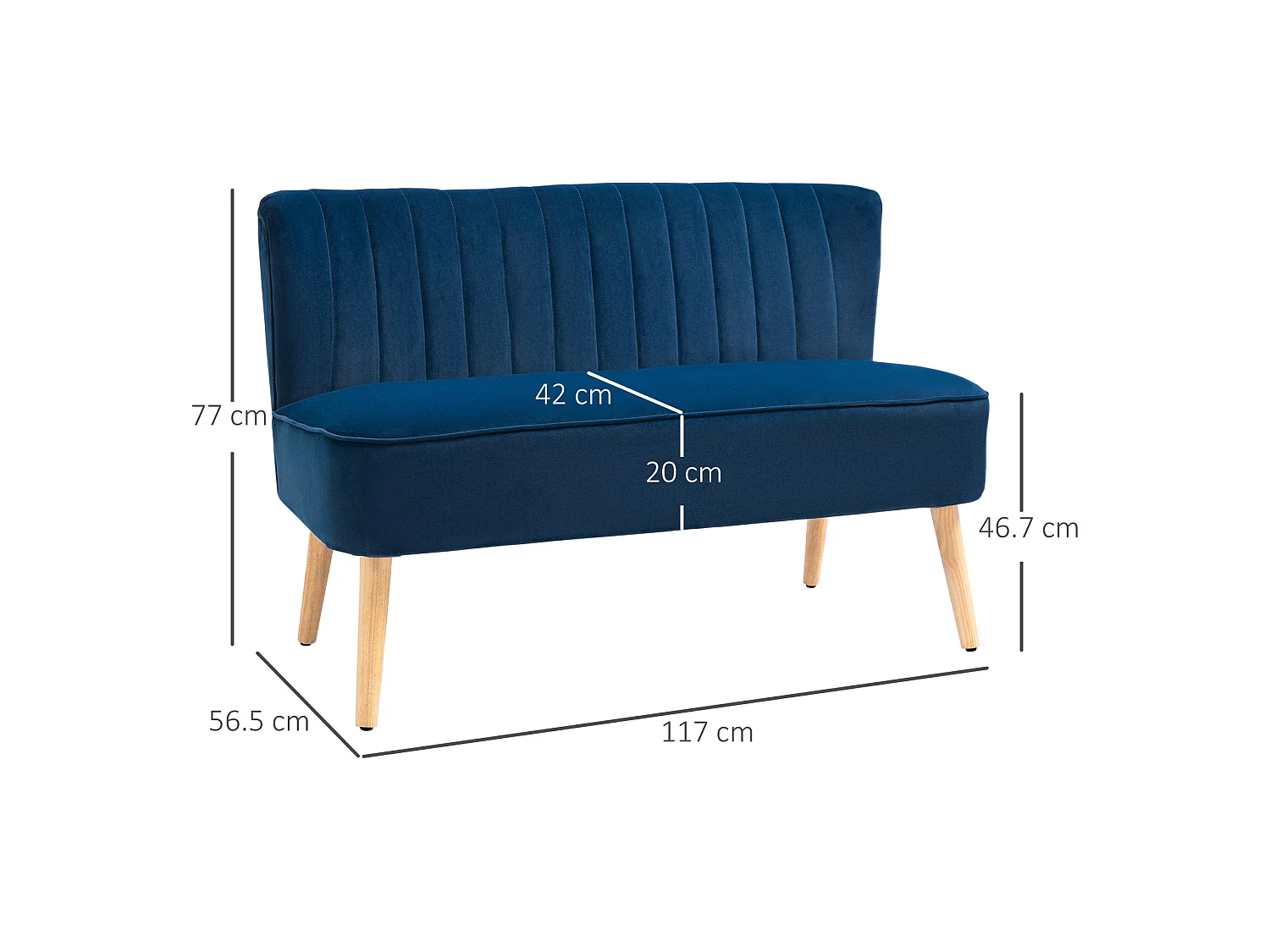 Haleco Dark Blue Velvet Feel 2 Seater Sofa Tufted Back Natural Wooden Legs