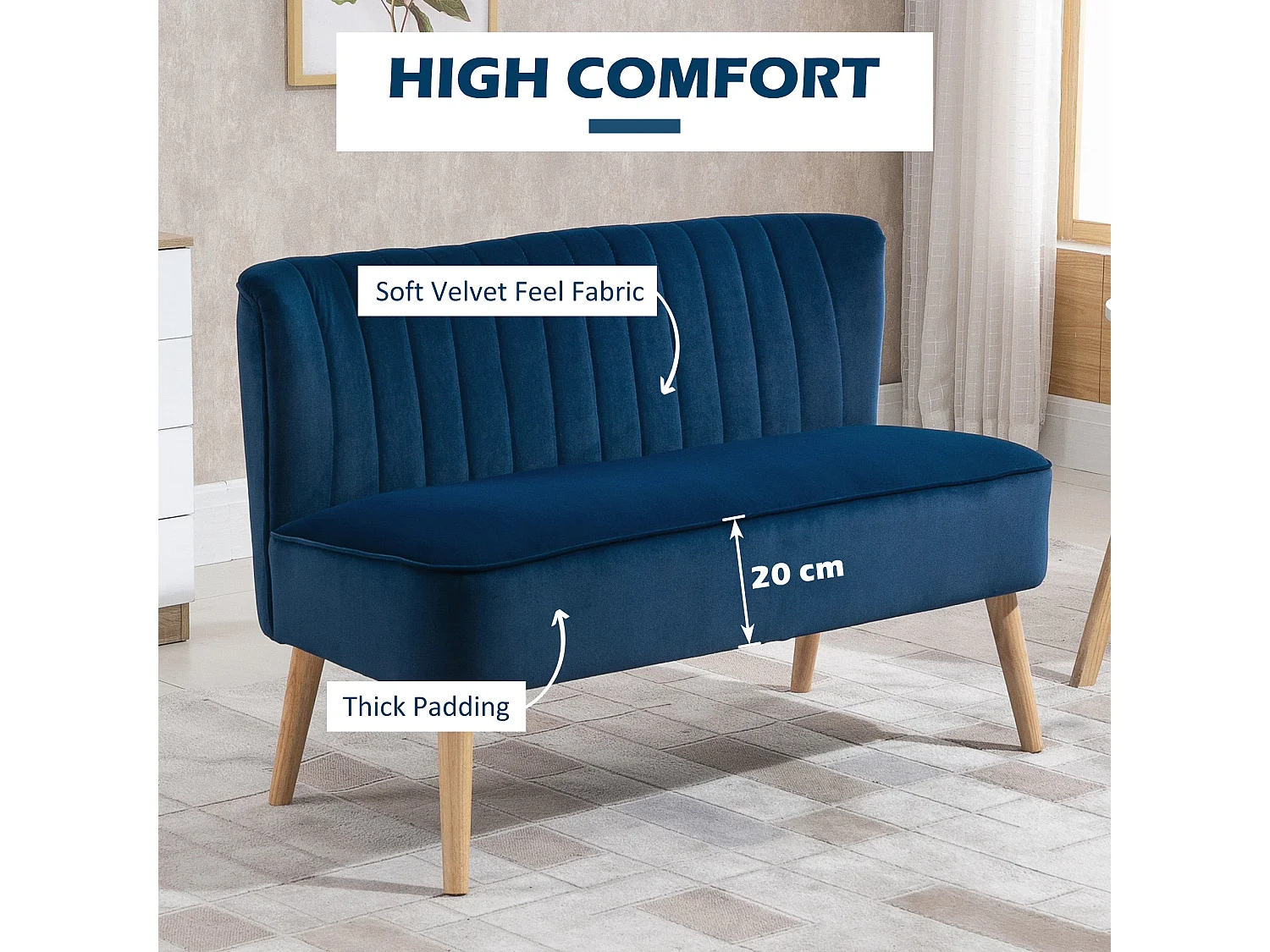 Haleco Dark Blue Velvet Feel 2 Seater Sofa Tufted Back Natural Wooden Legs