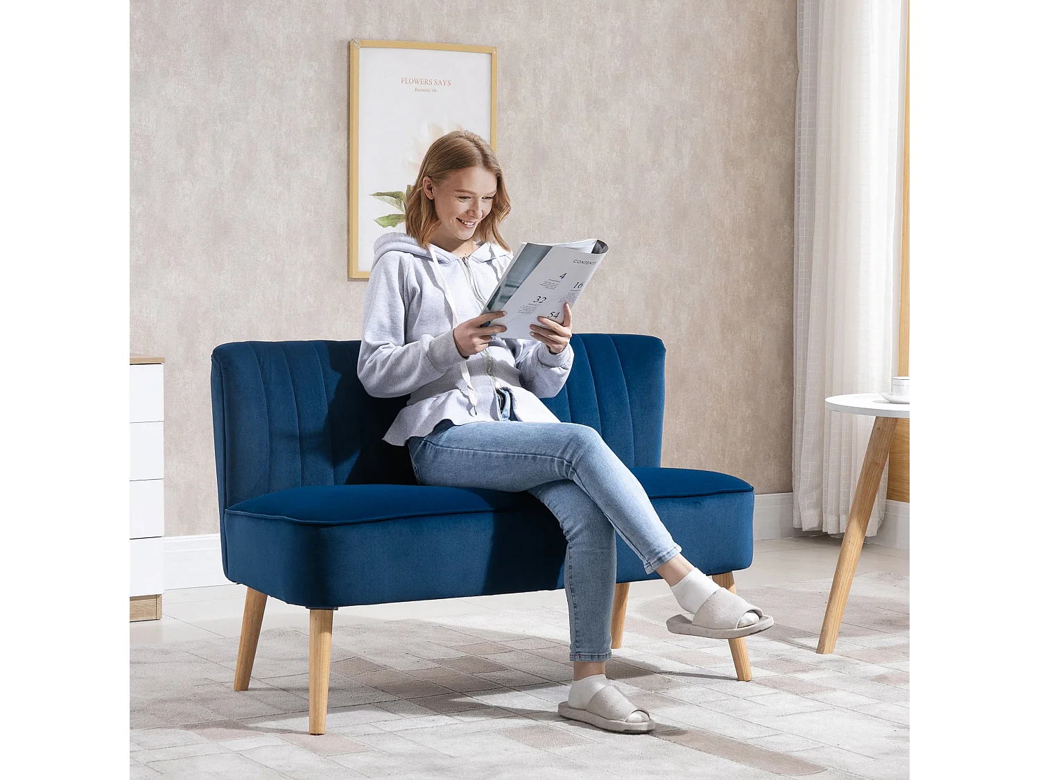Haleco Dark Blue Velvet Feel 2 Seater Sofa Tufted Back Natural Wooden Legs