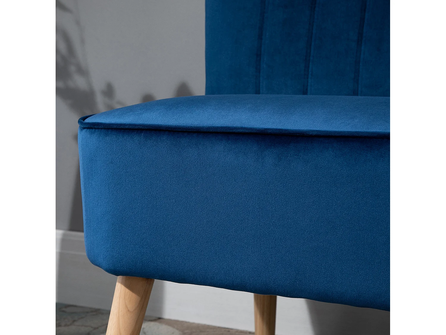 Haleco Dark Blue Velvet Feel 2 Seater Sofa Tufted Back Natural Wooden Legs