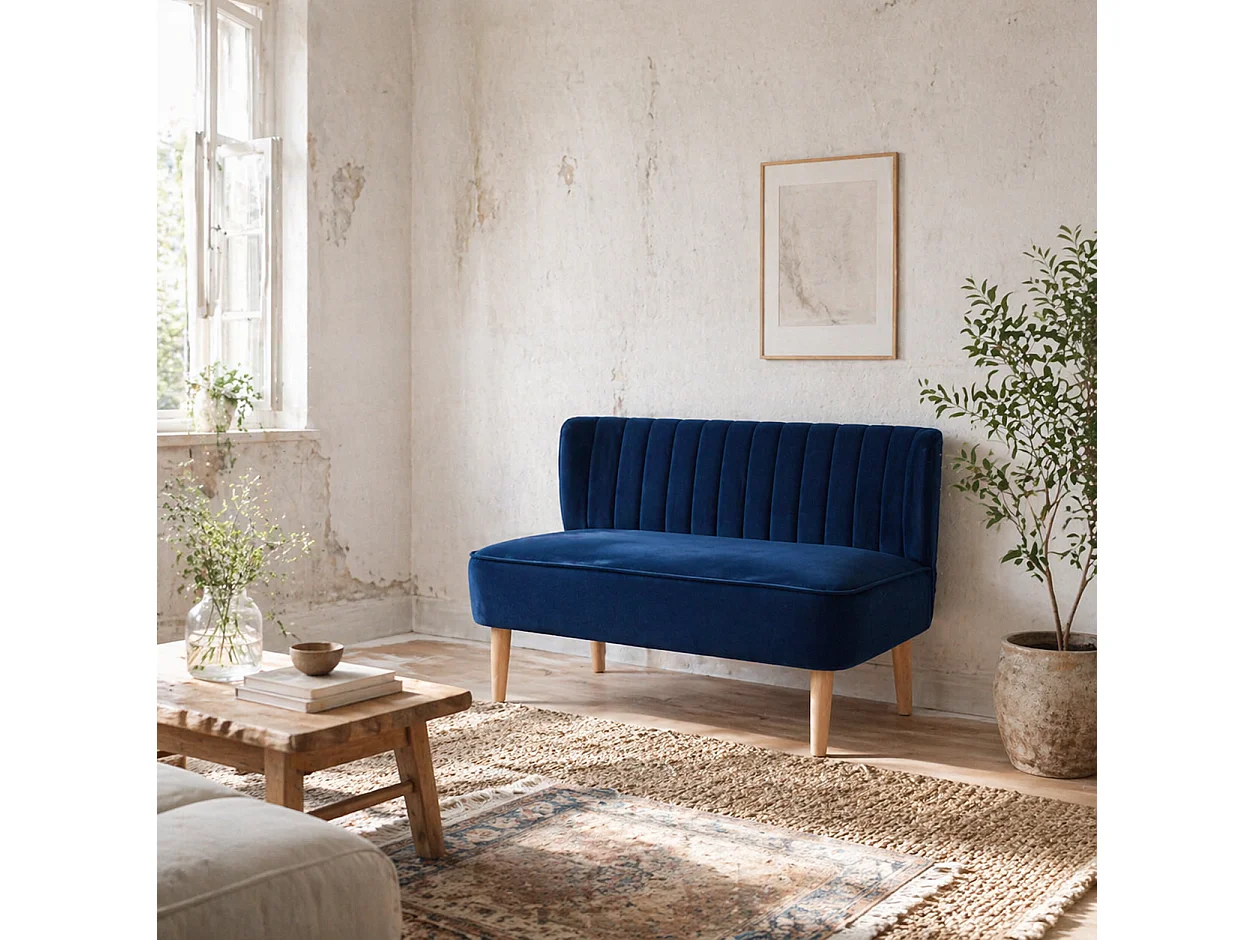 Haleco Dark Blue Velvet Feel 2 Seater Sofa Tufted Back Natural Wooden Legs