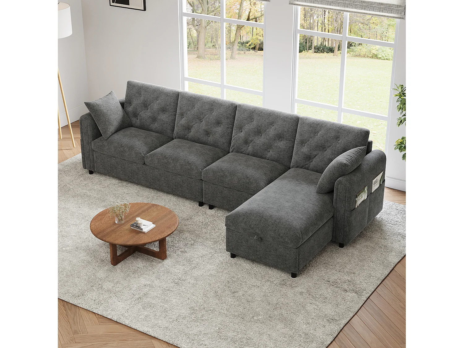 Modern L-shaped corner sofa - with storage space - adjustable left and right - with side storage pockets - velvet - Grey