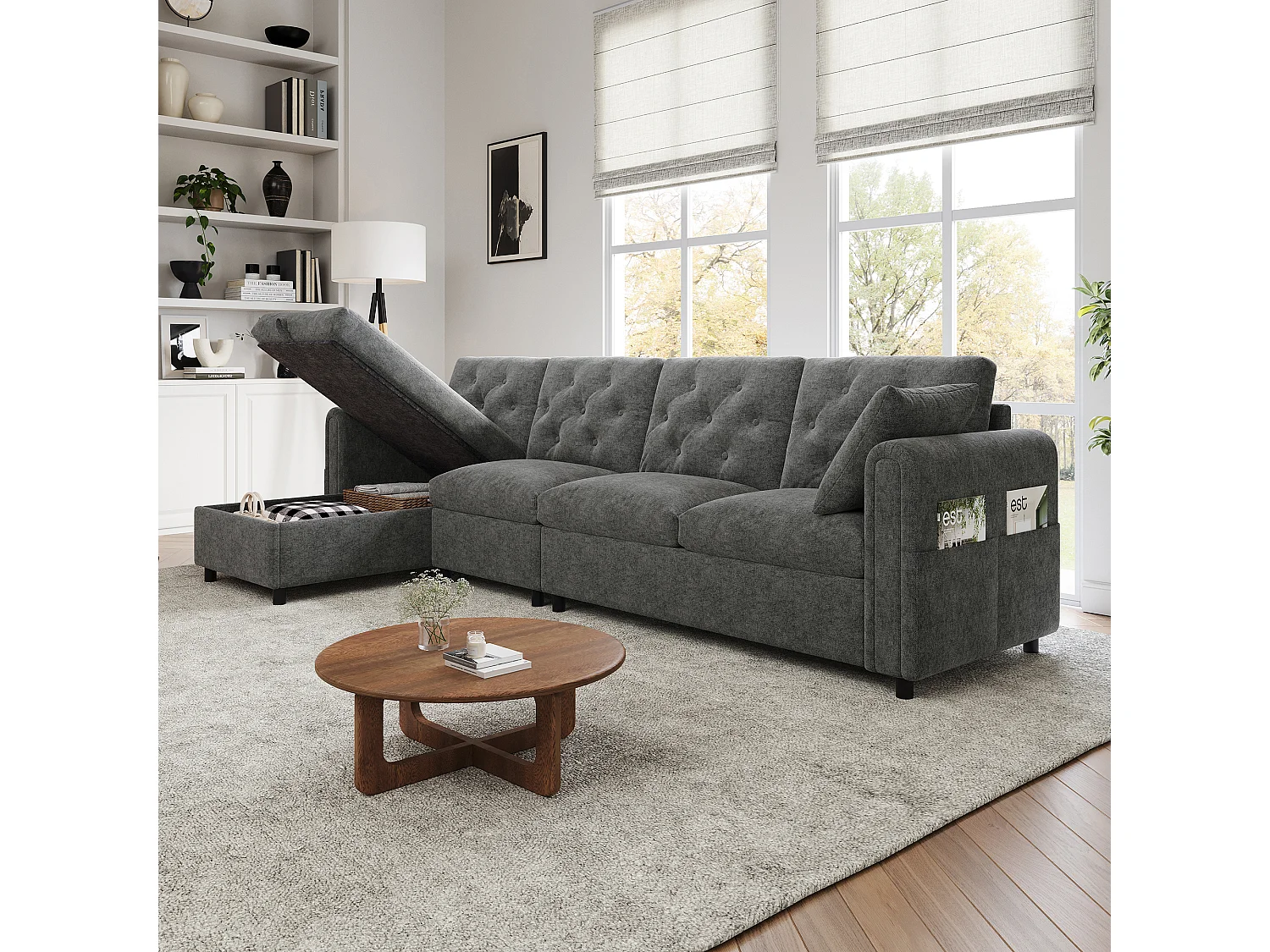 Modern L-shaped corner sofa - with storage space - adjustable left and right - with side storage pockets - velvet - Grey