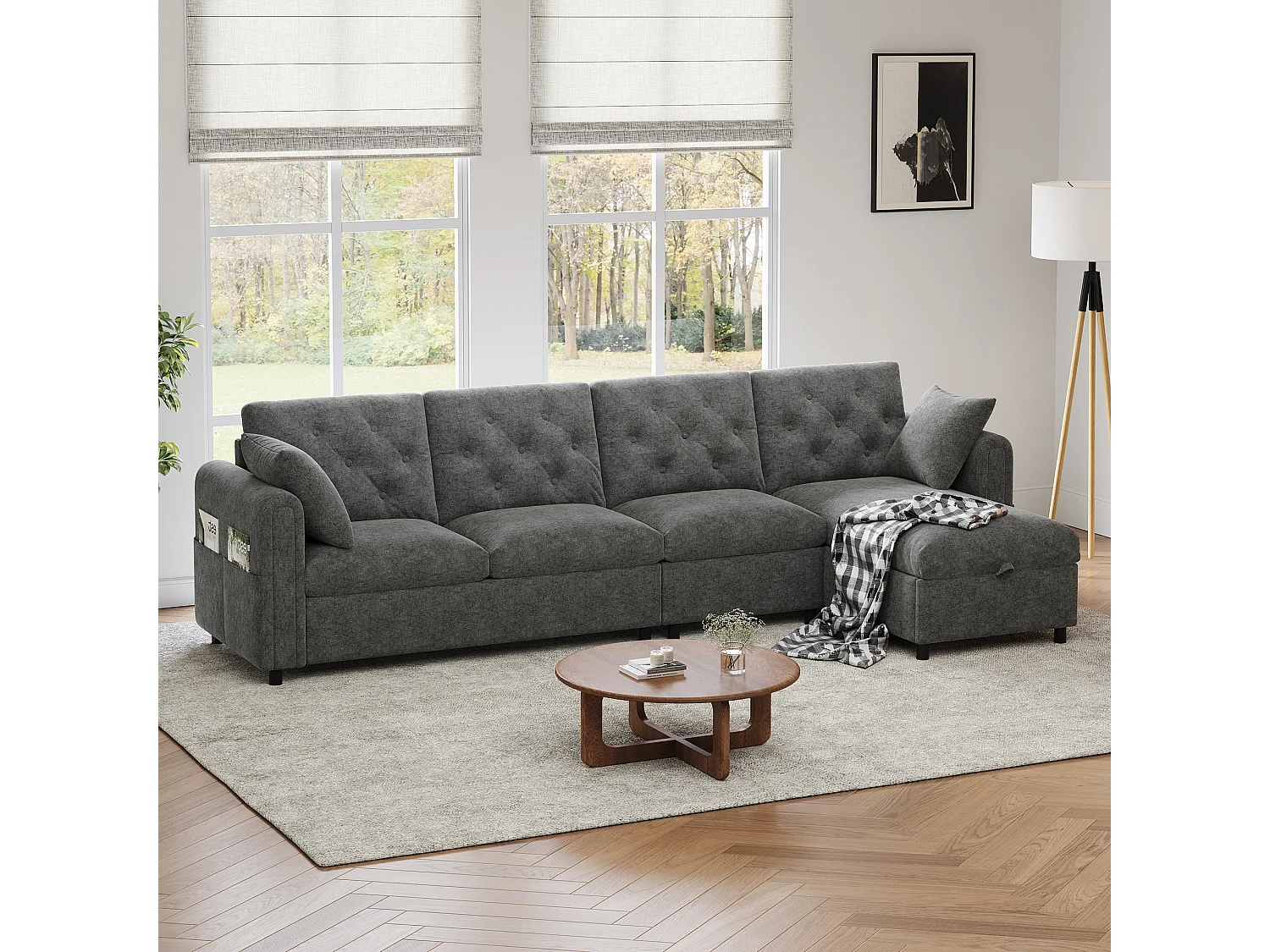 Modern L-shaped corner sofa - with storage space - adjustable left and right - with side storage pockets - velvet - Grey