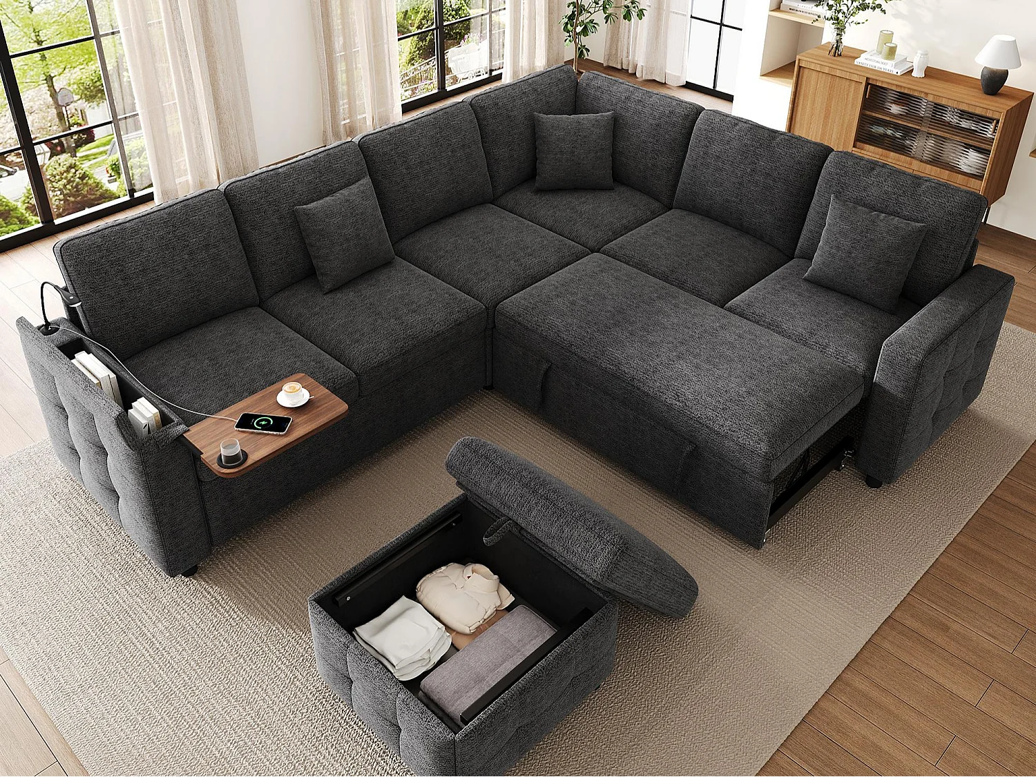 Canapé d'angle extra large en forme de L - avec LED, USB/Type-C, tablettes Table pliante et 3 coussins - extensible et convertible en canapé-lit - gris
