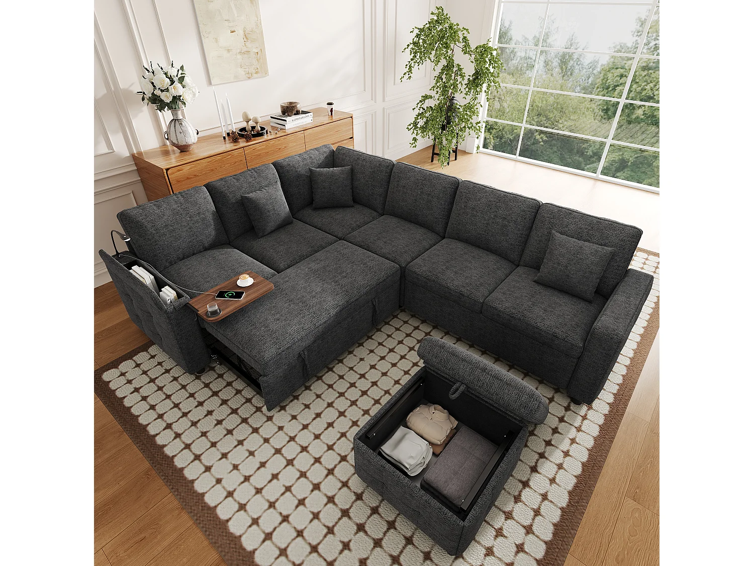 Canapé d'angle extra large en forme de L - avec LED, USB/Type-C, tablettes Table pliante et 3 coussins - extensible et convertible en canapé-lit - gris