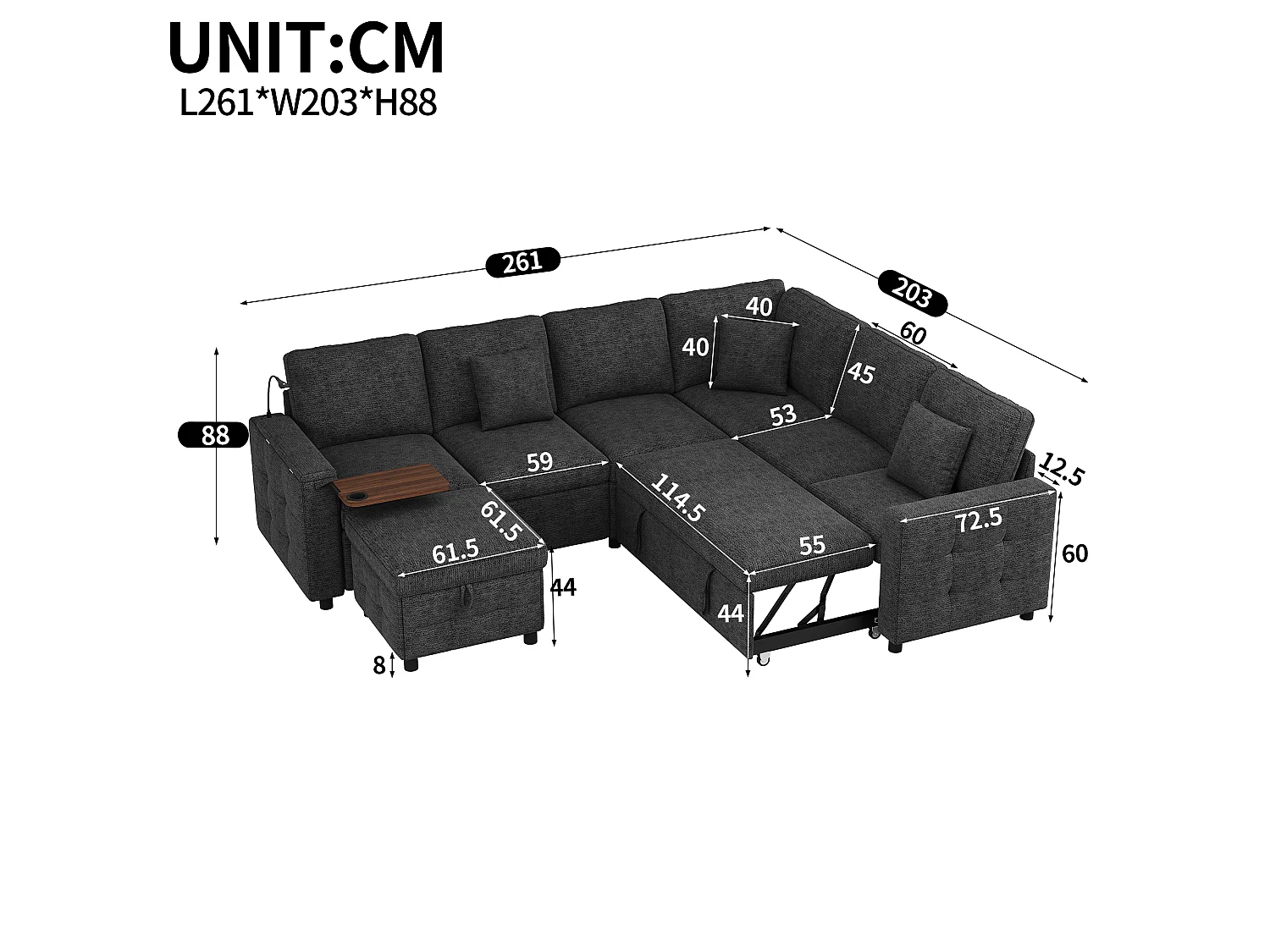 Canapé d'angle extra large en forme de L - avec LED, USB/Type-C, tablettes Table pliante et 3 coussins - extensible et convertible en canapé-lit - gris