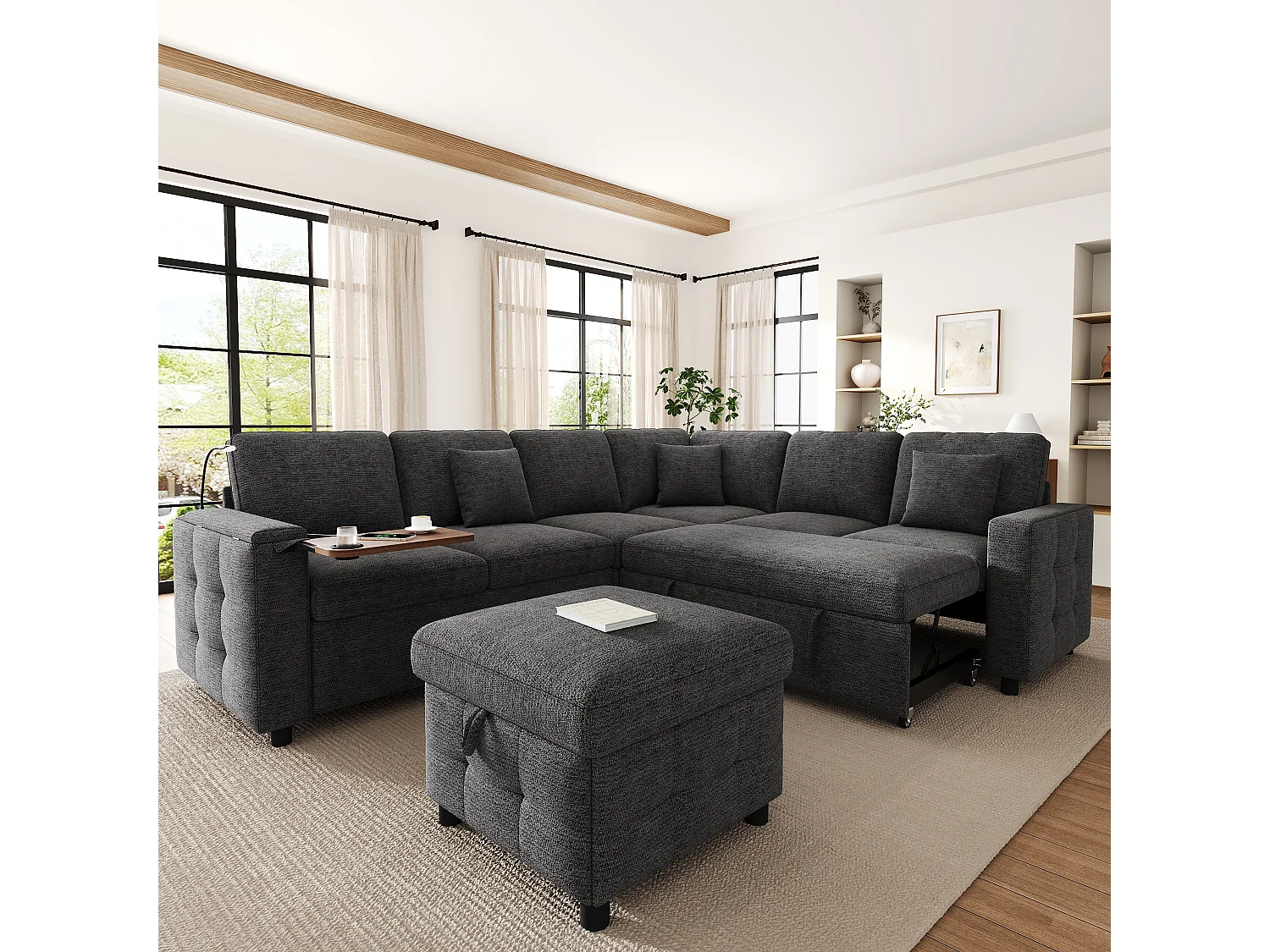 Canapé d'angle extra large en forme de L - avec LED, USB/Type-C, tablettes Table pliante et 3 coussins - extensible et convertible en canapé-lit - gris