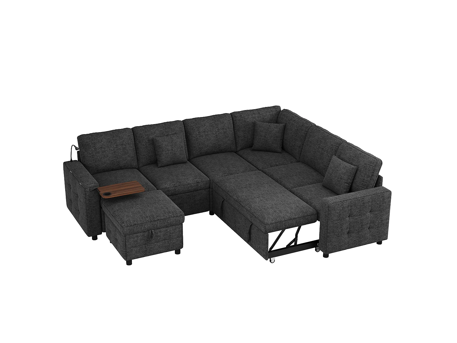 Canapé d'angle extra large en forme de L - avec LED, USB/Type-C, tablettes Table pliante et 3 coussins - extensible et convertible en canapé-lit - gris