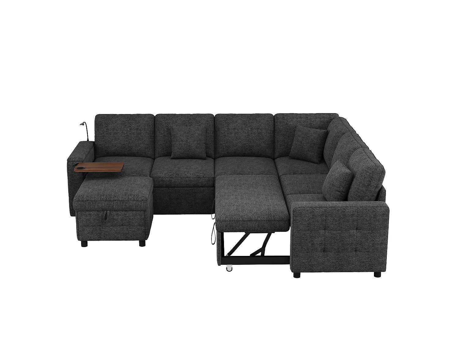 Canapé d'angle extra large en forme de L - avec LED, USB/Type-C, tablettes Table pliante et 3 coussins - extensible et convertible en canapé-lit - gris