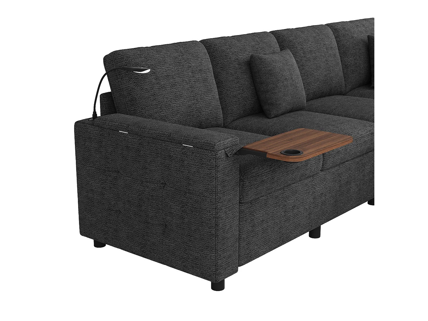 Canapé d'angle extra large en forme de L - avec LED, USB/Type-C, tablettes Table pliante et 3 coussins - extensible et convertible en canapé-lit - gris