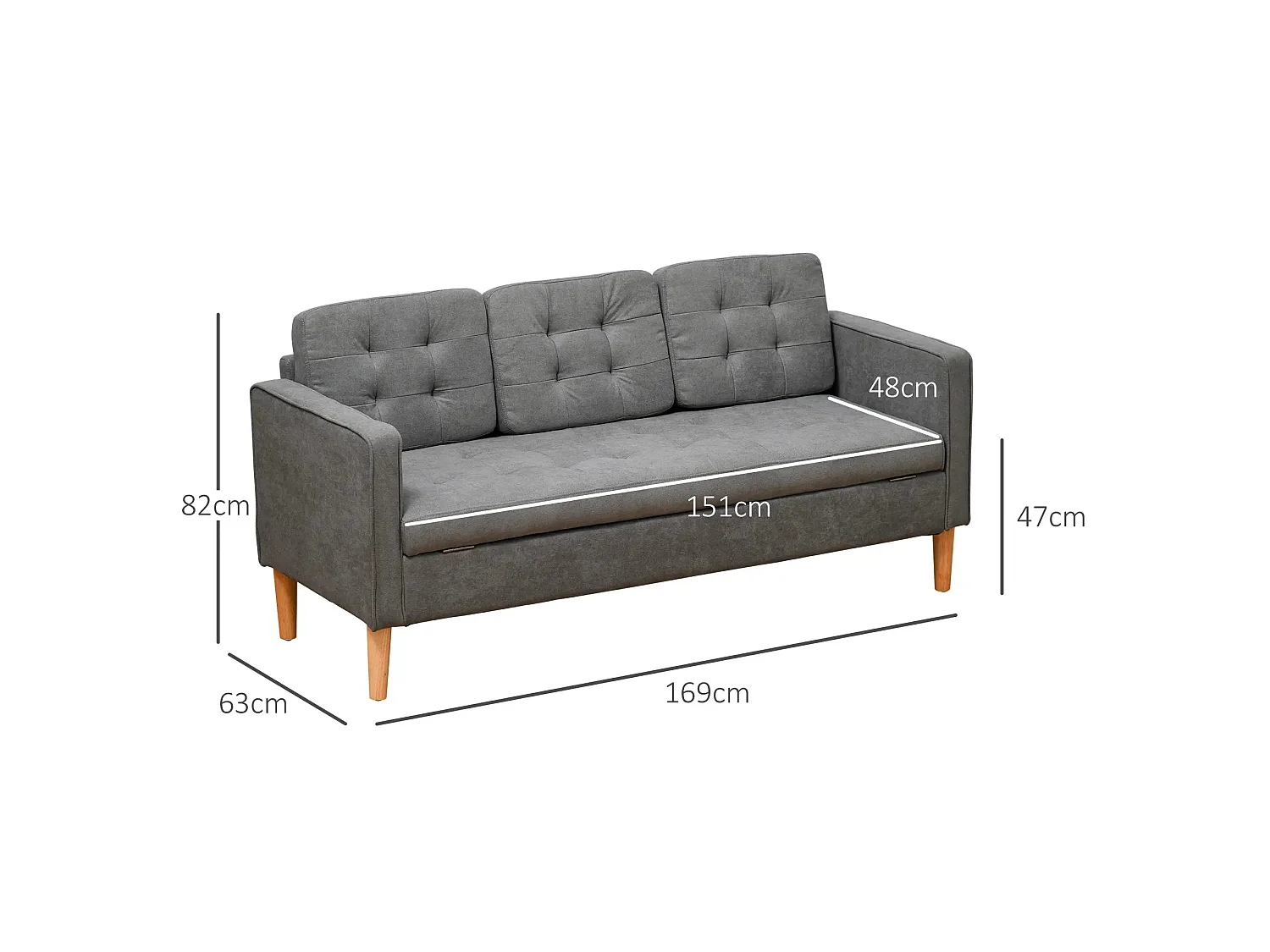 Grey Fabric 3 Seater Sofa with Hidden Under Seat Storage and Tufted Seat