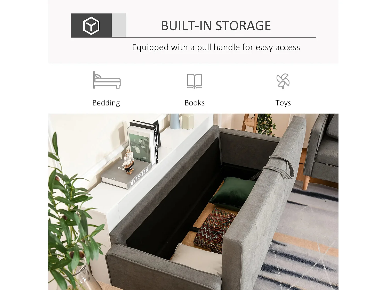 Grey Fabric 3 Seater Sofa with Hidden Under Seat Storage and Tufted Seat