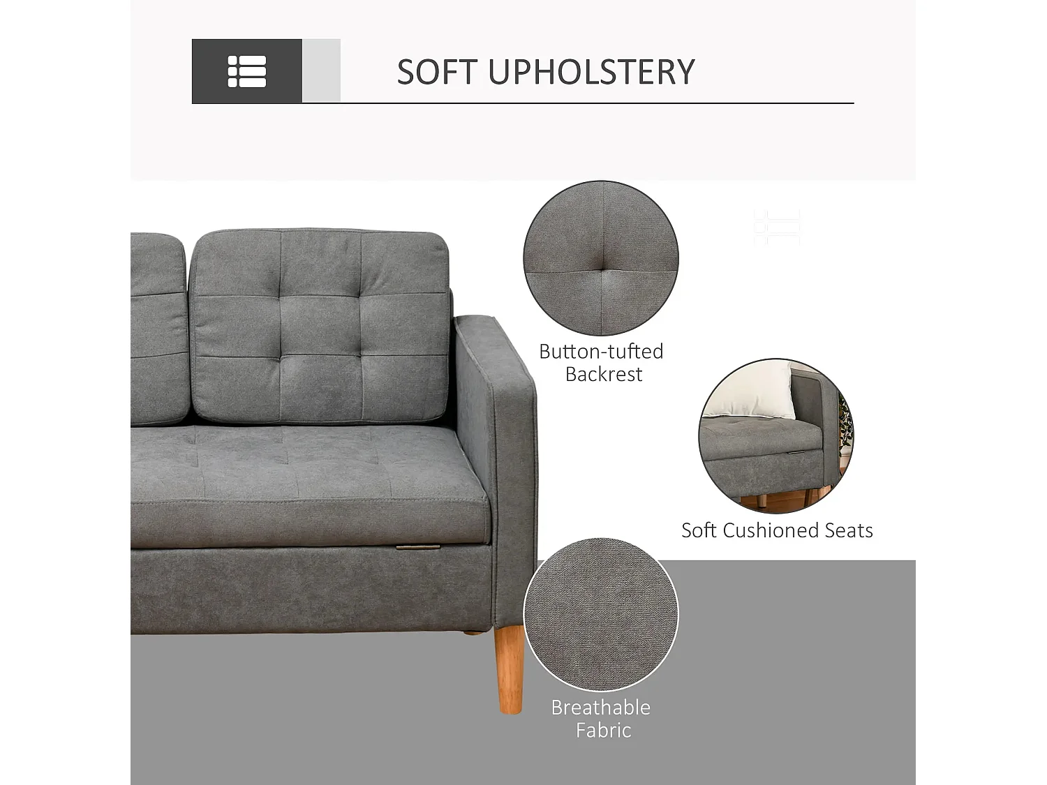 Grey Fabric 3 Seater Sofa with Hidden Under Seat Storage and Tufted Seat