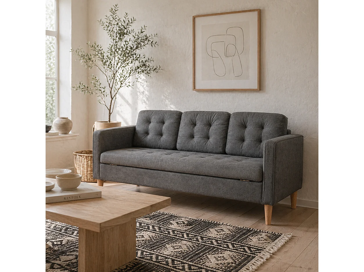 Grey Fabric 3 Seater Sofa with Hidden Under Seat Storage and Tufted Seat
